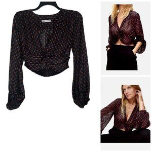 Zara Womens Blouse Size Medium Cropped Sheer Paisley V-Neck Long Sleeve Metallic